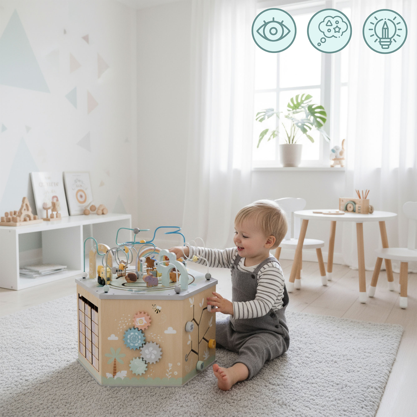 Veľká drevená vzdelávacia kocka - Montessori hračka s magnetickým vláčikom a motorovými slučkami