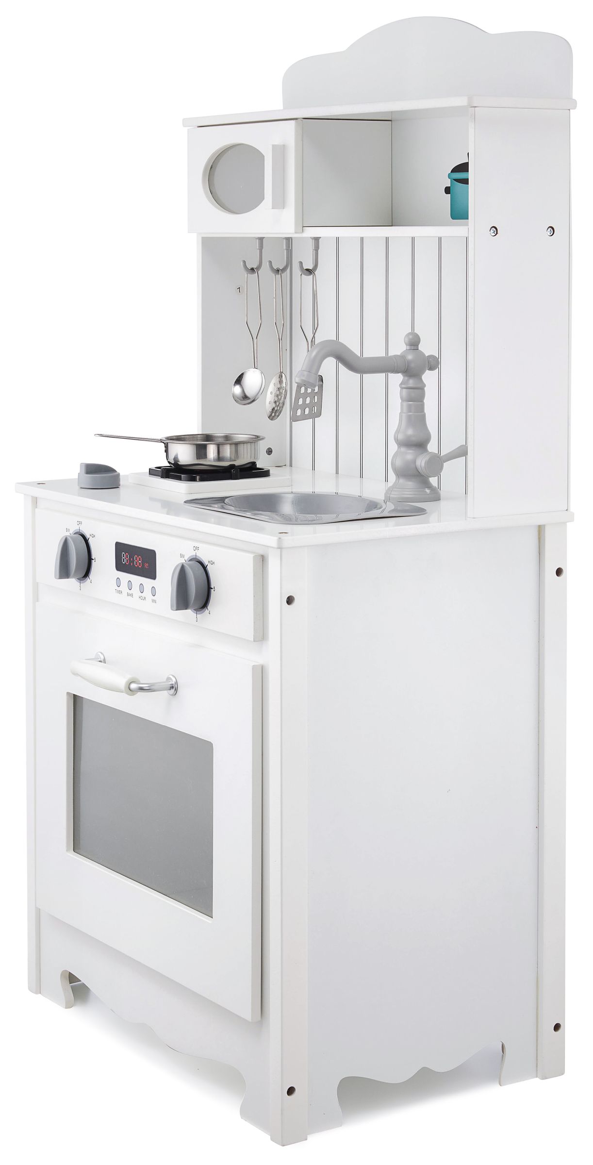 Biela drevená kuchyňa so zásterou, doplnkami a LED lampou