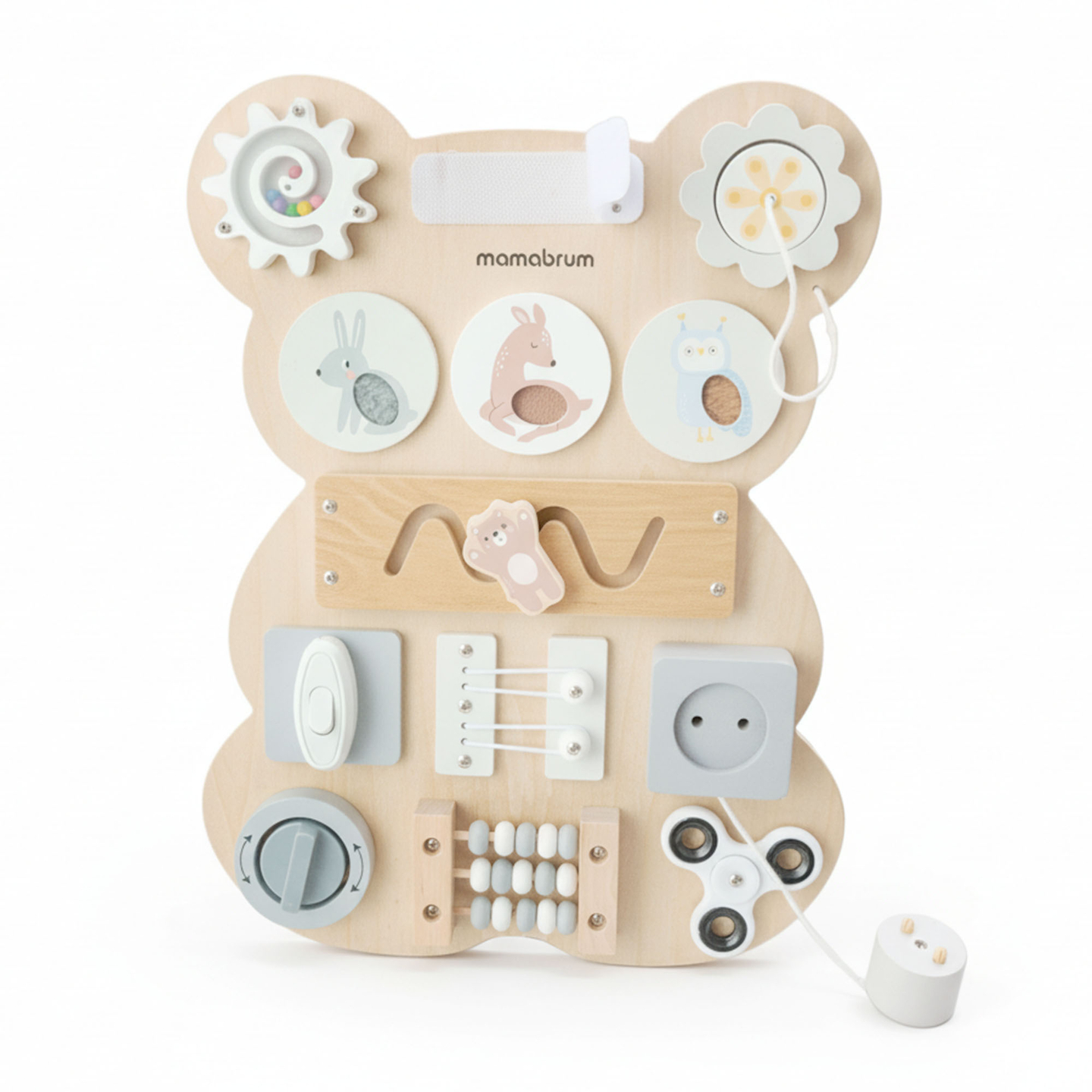 Drevená manipulačná doska Montessori s plyšovým medvedíkom - senzorické učenie samostatnosti: suchý zips, zátka, bludisko, klikajúci gombík