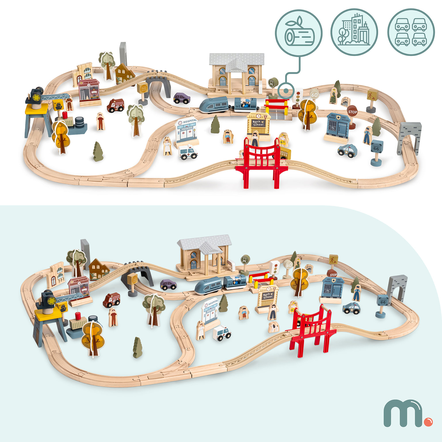 Drevená mestská železnica s elektrickým vlakom - pohybujúci sa žeriav, loď, mosty