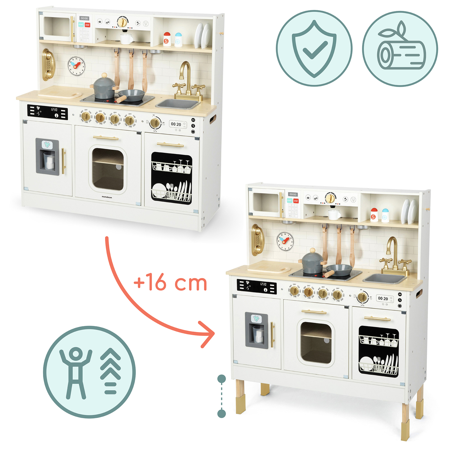 Interaktívna XXL drevená kuchyňa s doplnkami a LED osvetlením - dvojúrovňová