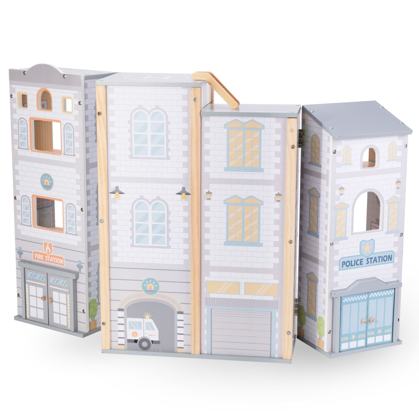 Veľká skladacia hasičská stanica s policajnou stanicou - drevená súprava. Hasičská stanica a policajná stanica s príslušenstvom.