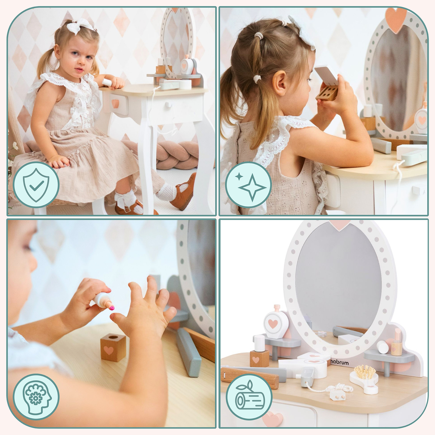 Drevený toaletný stolík so stoličkou a príslušenstvom