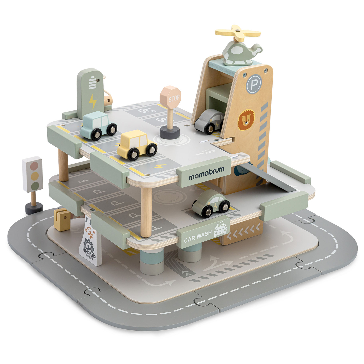 Drevená trojposchodová garáž pre deti s príslušenstvom – parkovisko, čerpacia stanica, umývačka áut, vrtuľník