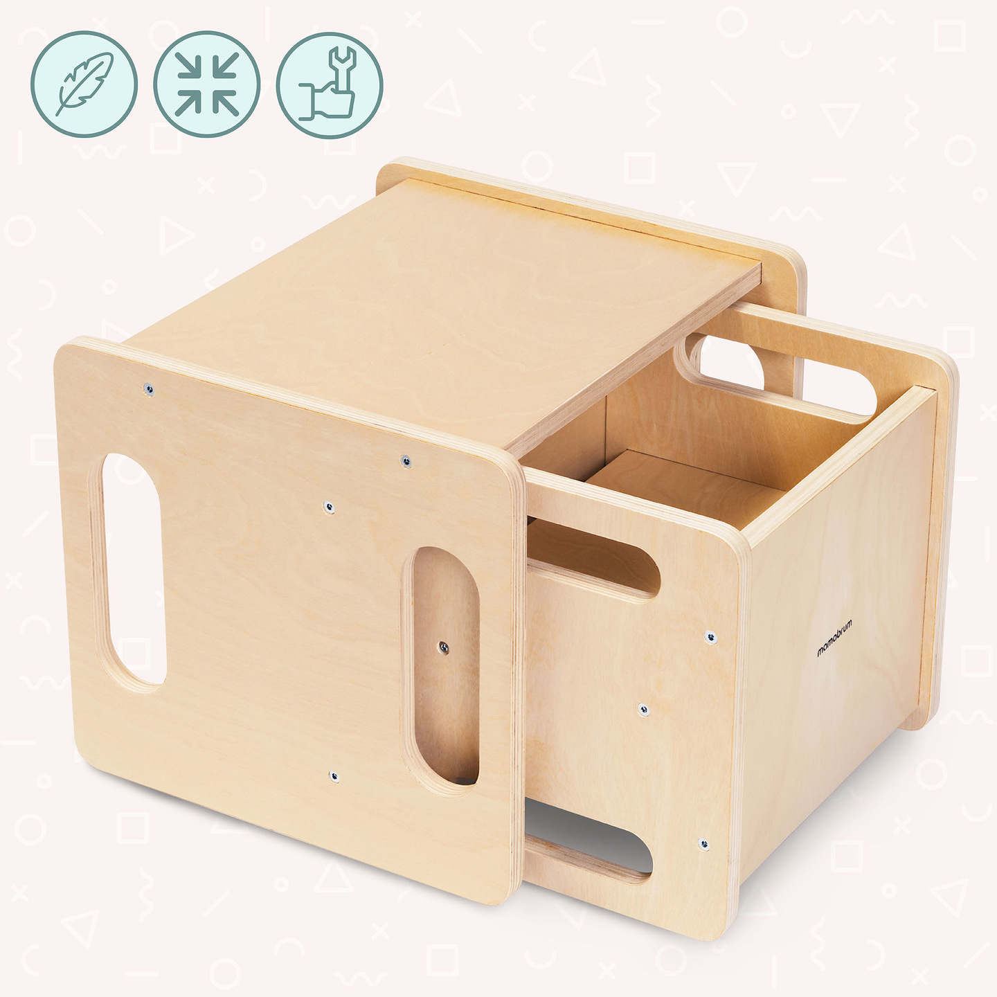 Drevený stôl a stolička s funkciou nášľapného mostíka – multifunkčná Montessori sada pre deti