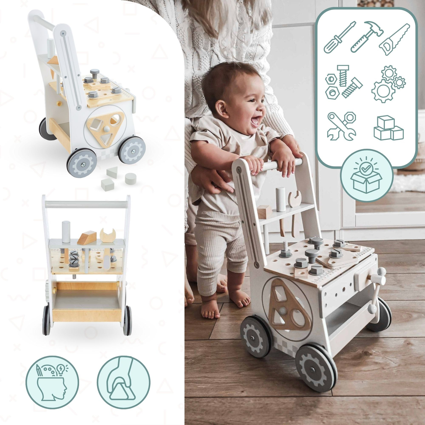 Drevené chodítko 3 v 1, tlačiareň + dielňa - 47 prvkov