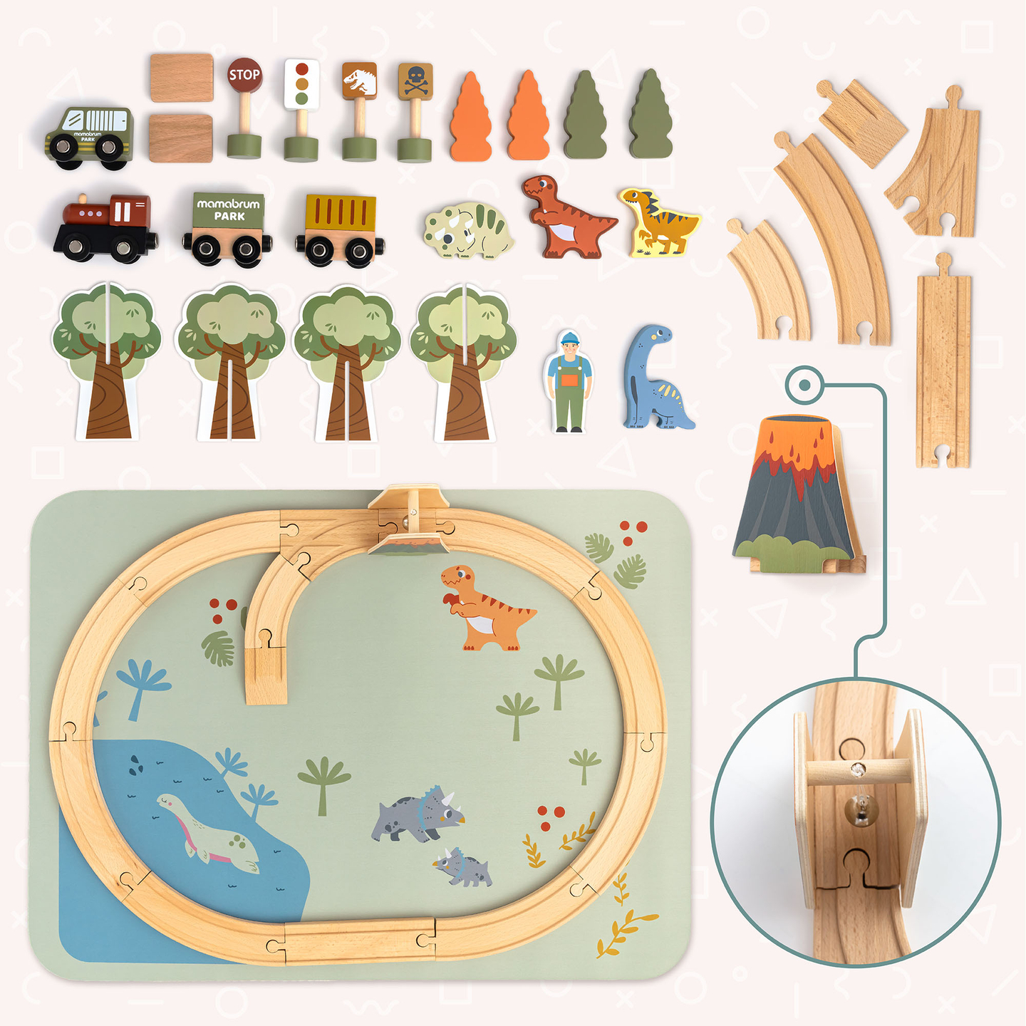 Drevený vláčik Dino Park s protišmykovou podložkou - dinosaury, vláčik, koľajnice, sopka, zvonček