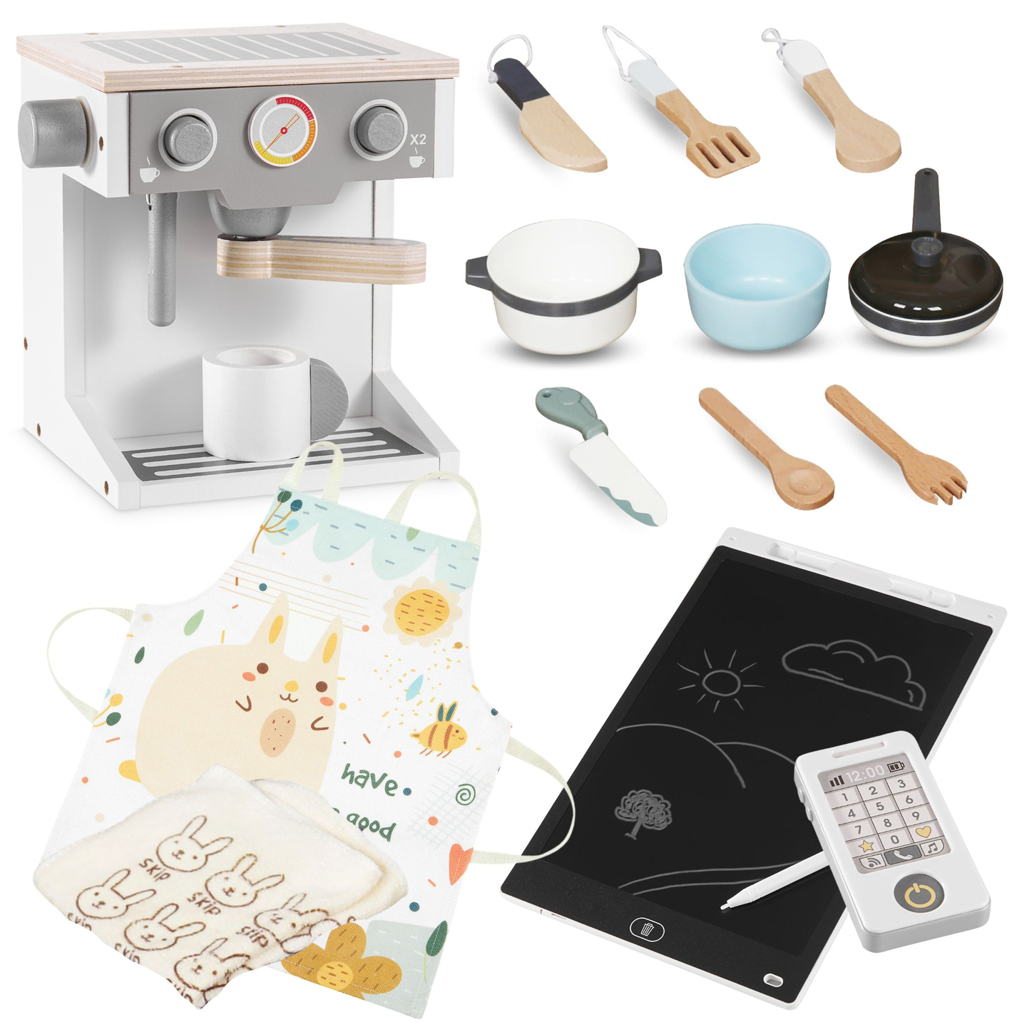 XXXXL veľká drevená interaktívna kuchyňa s LED osvetlením, práčkou, mikrovlnnou rúrou, kávovarom a sadou ovocia a zeleniny - 50 prvkov