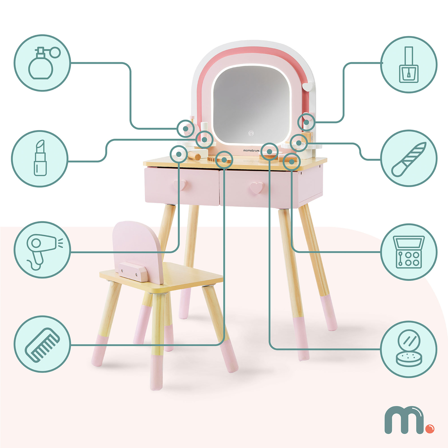 Drevený toaletný stolík pre deti s LED osvetlením s plynulým nastavením jasu, stoličkou a príslušenstvom