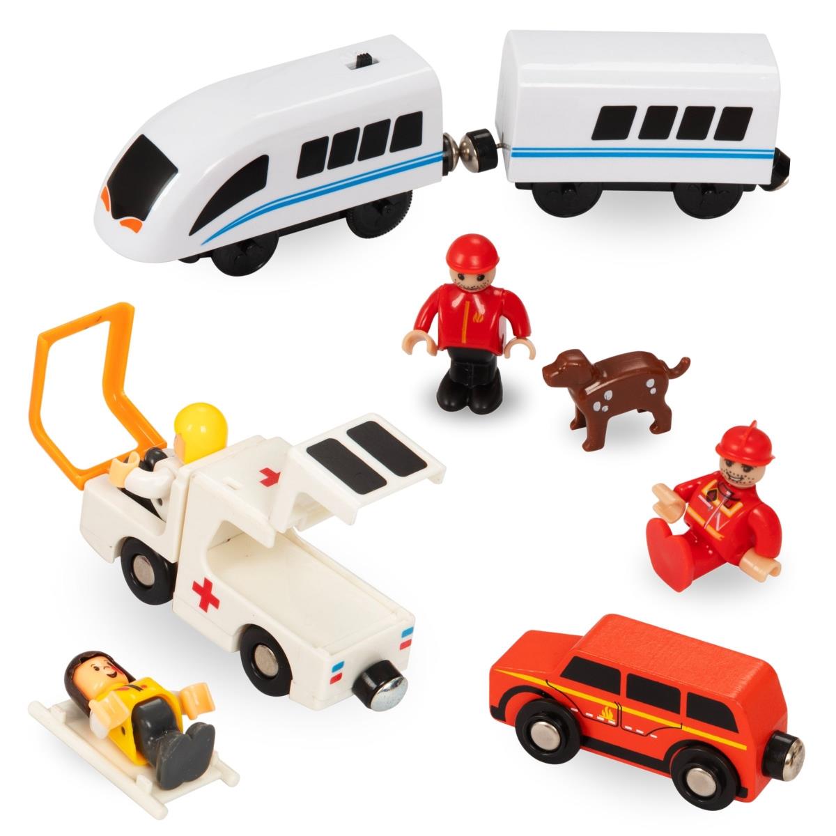 Drevená železnica, vláčik na batérie - Hasiči, koľaje, autá, mosty, závora