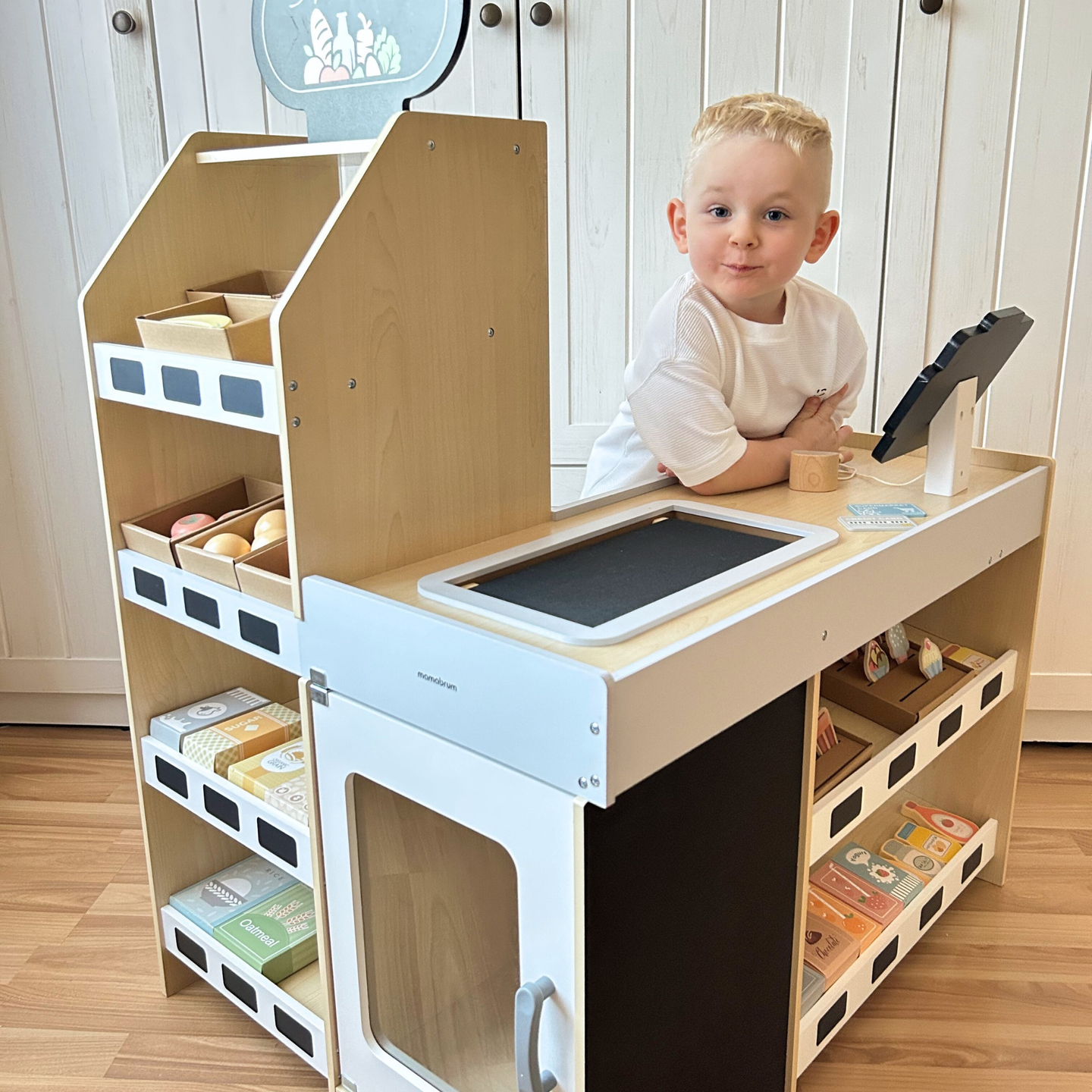 Drevený zeleninový trh - veľký XXL stánok, obchod s hracou pokladňou