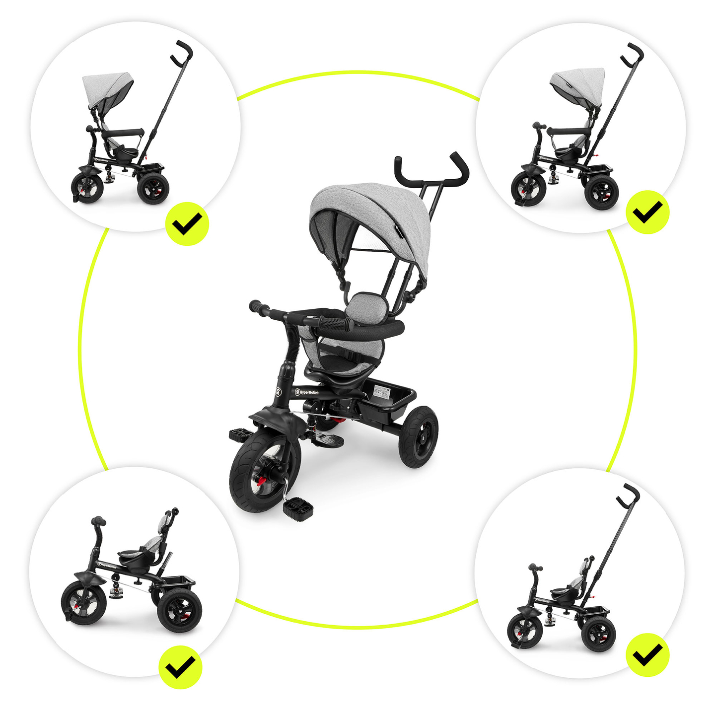 Trojkolka pre deti od 1 do 4 rokov - TOBI FREY - sivá farba - otočná - pumpované kolesá + tlačné koleso