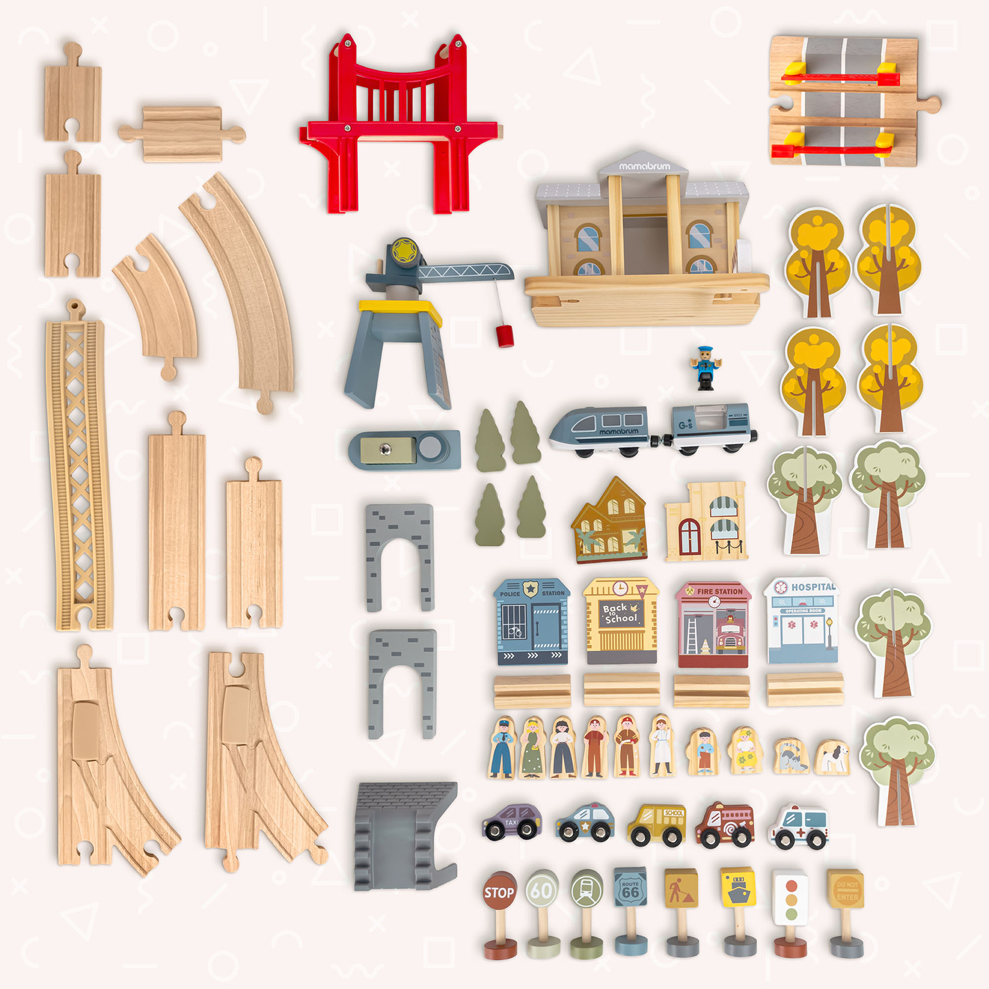 Drevená mestská železnica s elektrickým vlakom - pohybujúci sa žeriav, loď, mosty