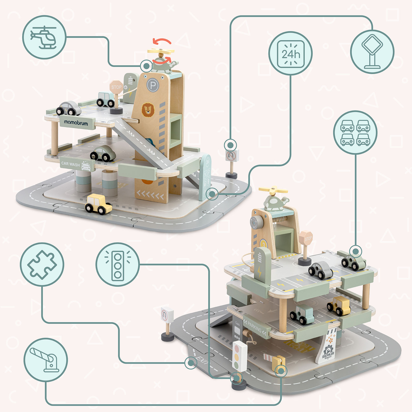 Drevená trojposchodová garáž pre deti s príslušenstvom – parkovisko, čerpacia stanica, umývačka áut, vrtuľník