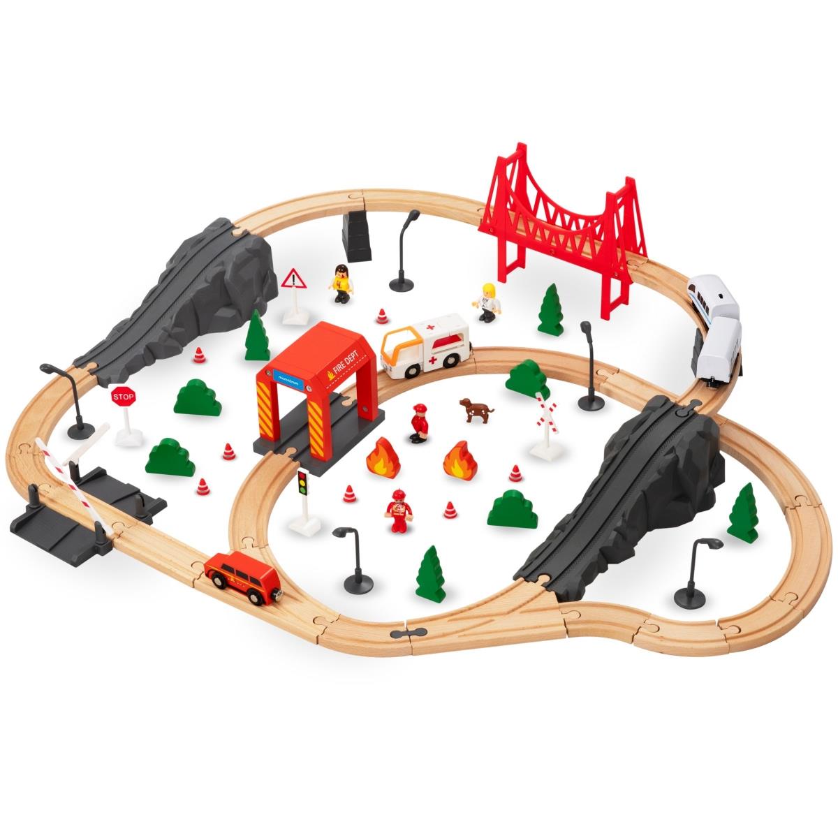 Drevená železnica, vláčik na batérie - Hasiči, koľaje, autá, mosty, závora