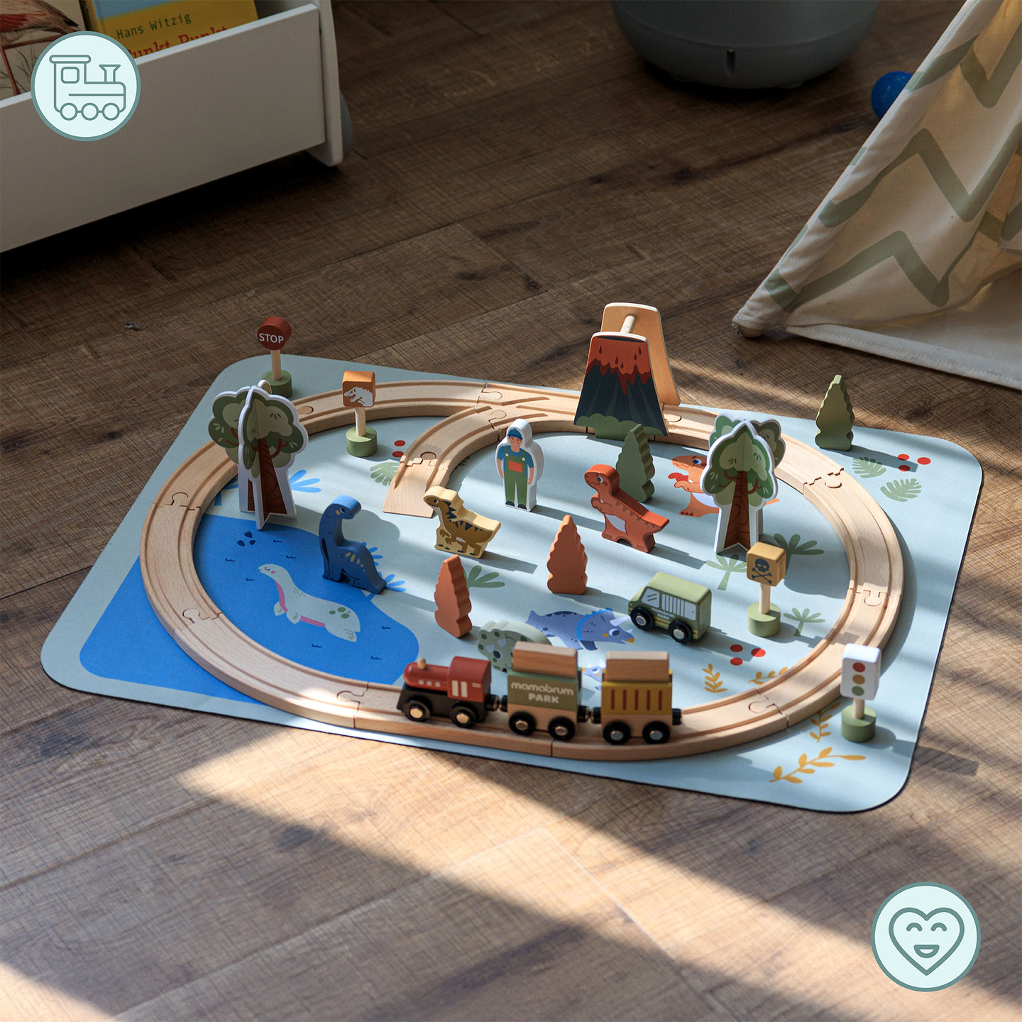 Drevený vláčik Dino Park s protišmykovou podložkou - dinosaury, vláčik, koľajnice, sopka, zvonček