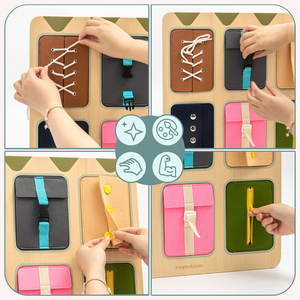 Drevená Montessori manipulačná doska – senzorické učenie samostatnosti – šnúrky, pracky, gombíky, patentky, zips