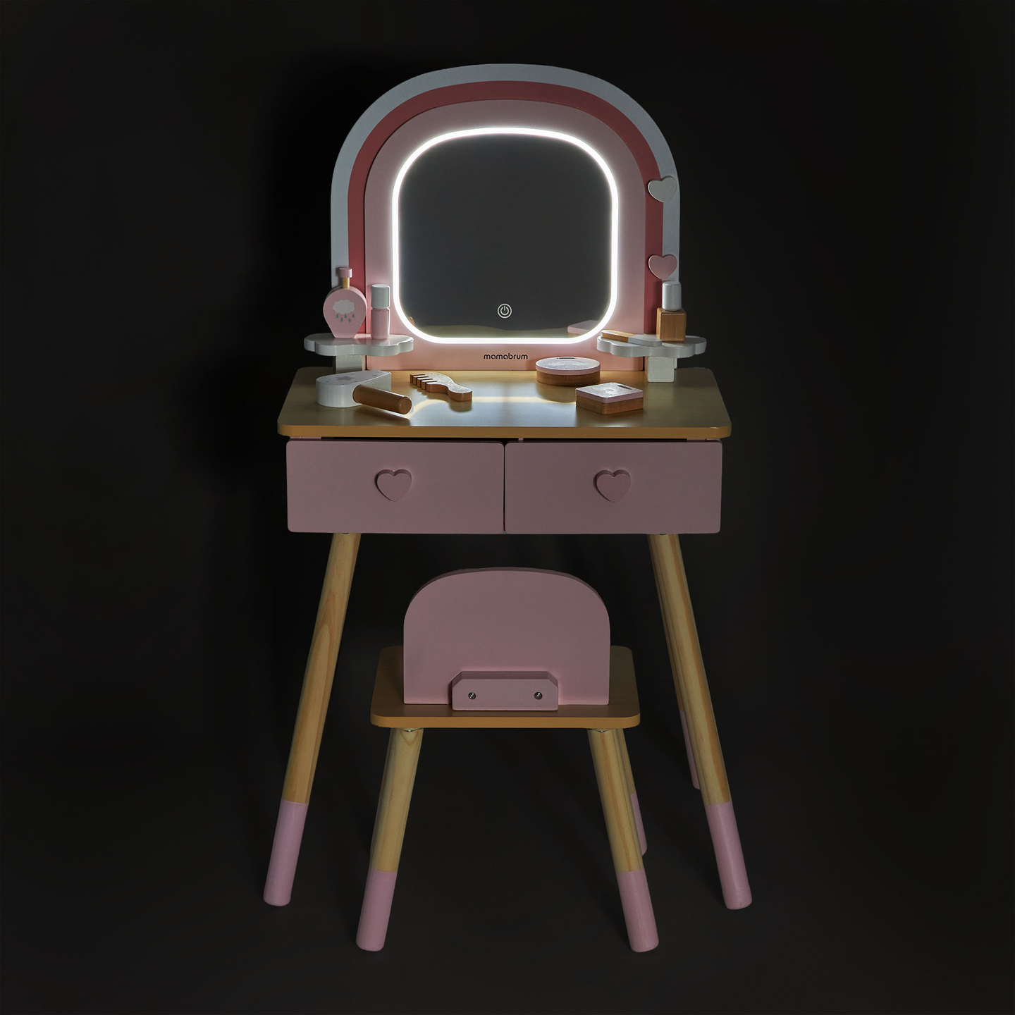Drevený toaletný stolík pre deti s LED osvetlením s plynulým nastavením jasu, stoličkou a príslušenstvom