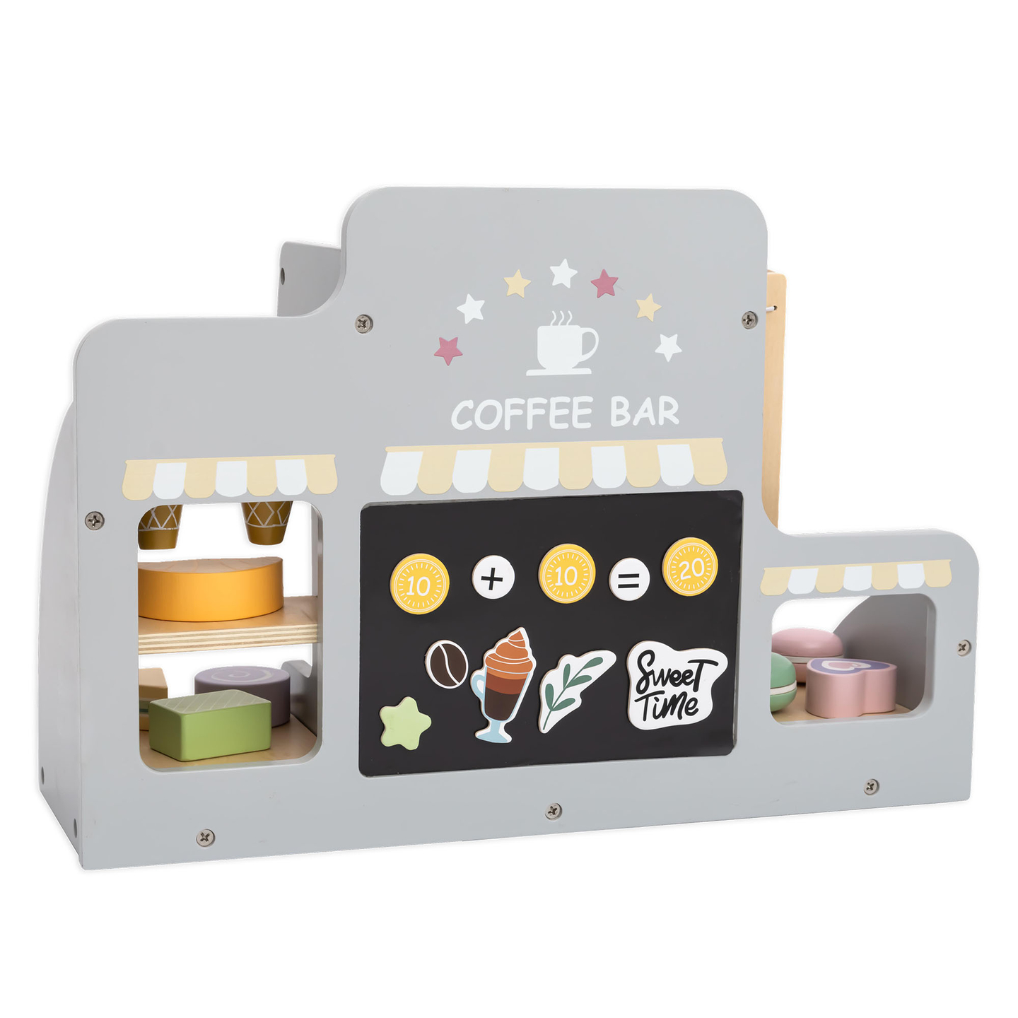 Veľká drevená zmrzlináreň s magnetickou tabuľou, kávovarom a sadou na zmrzlinu a zákusky - viac ako 70 dielikov!