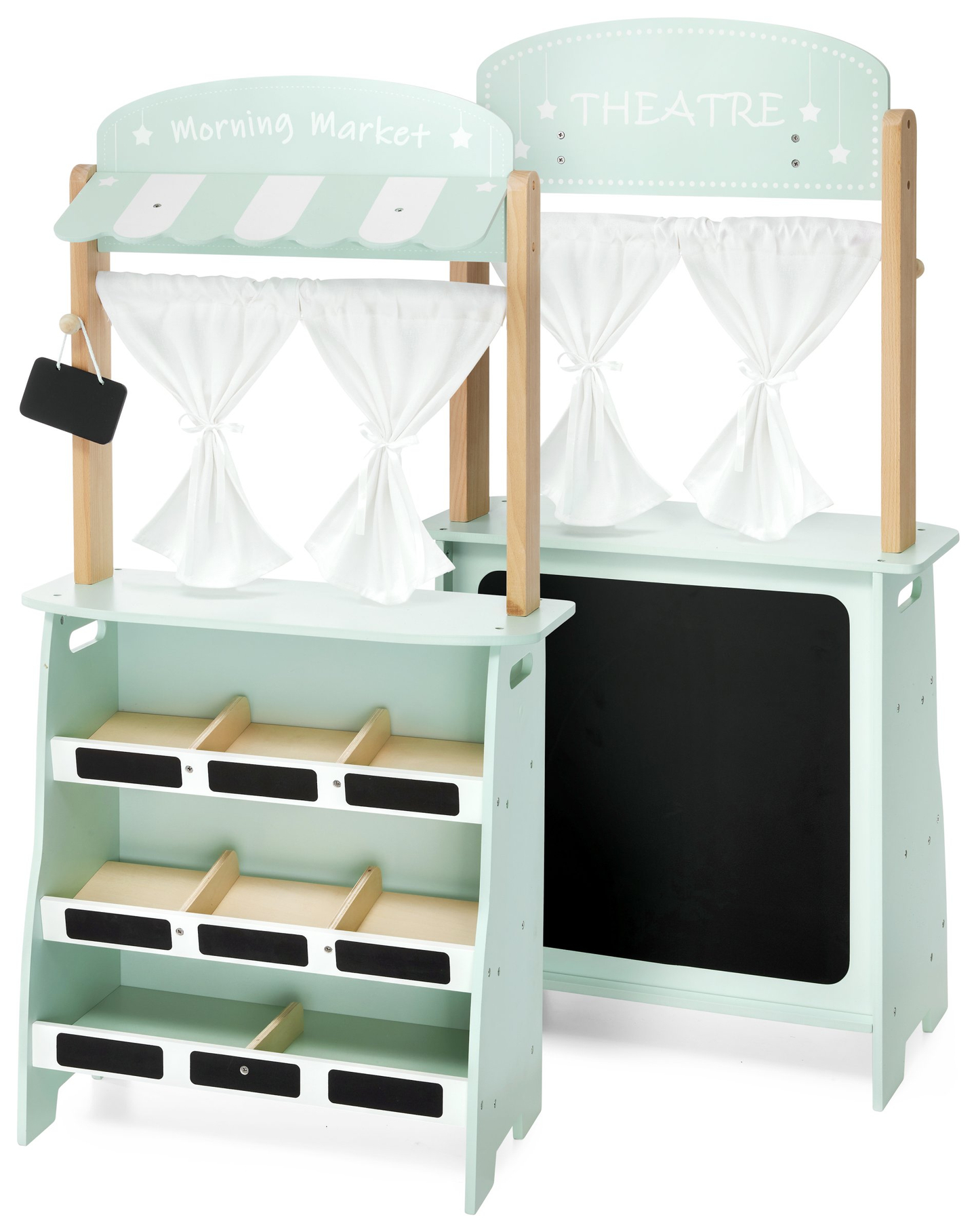 Veľký drevený obchod - stánok a divadlo 2 v 1 s váhou, platobným terminálom, ovocím a zeleninou