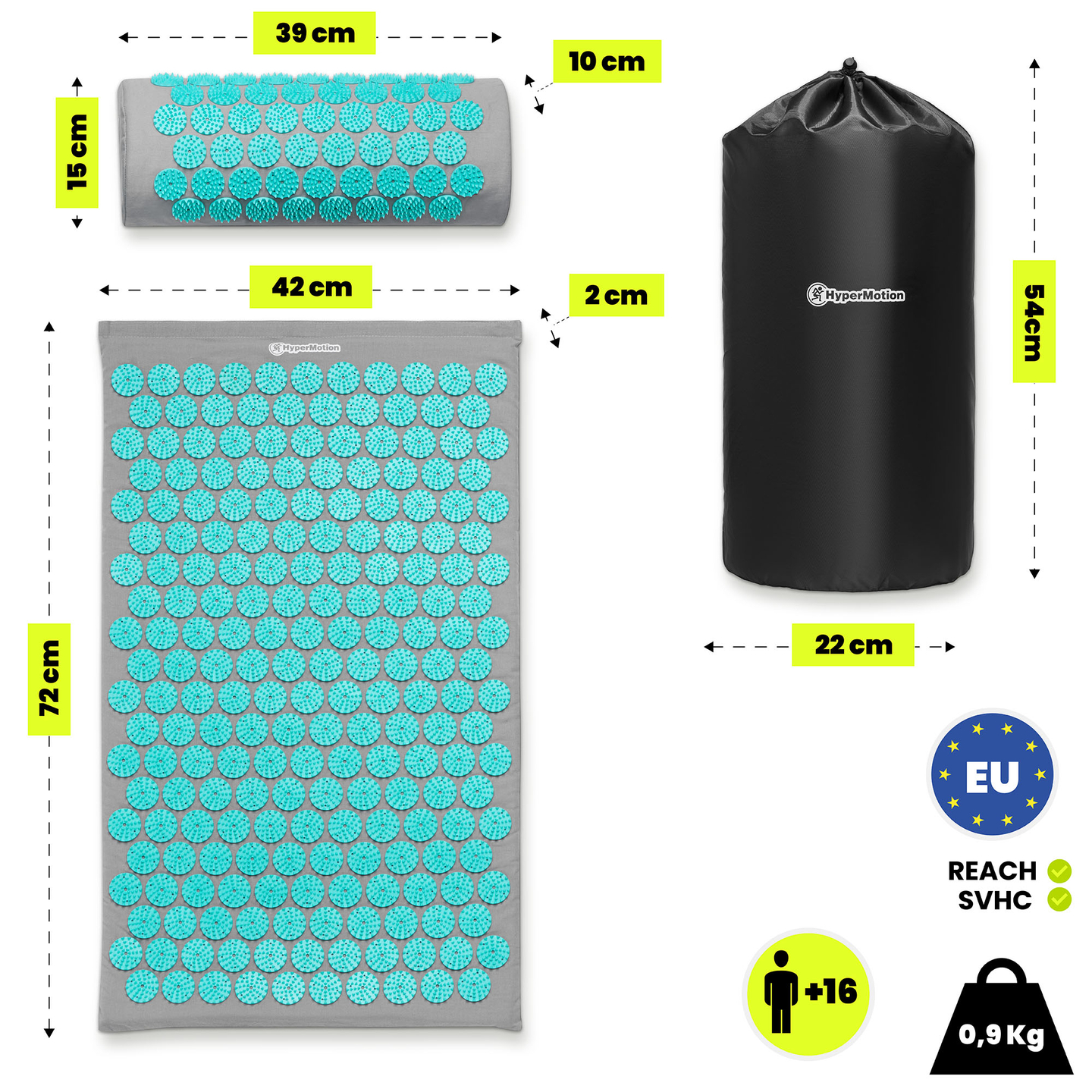 Akupresúrna podložka s vankúšom a poťahom - 72 cm HyperMotion sivo-mätová