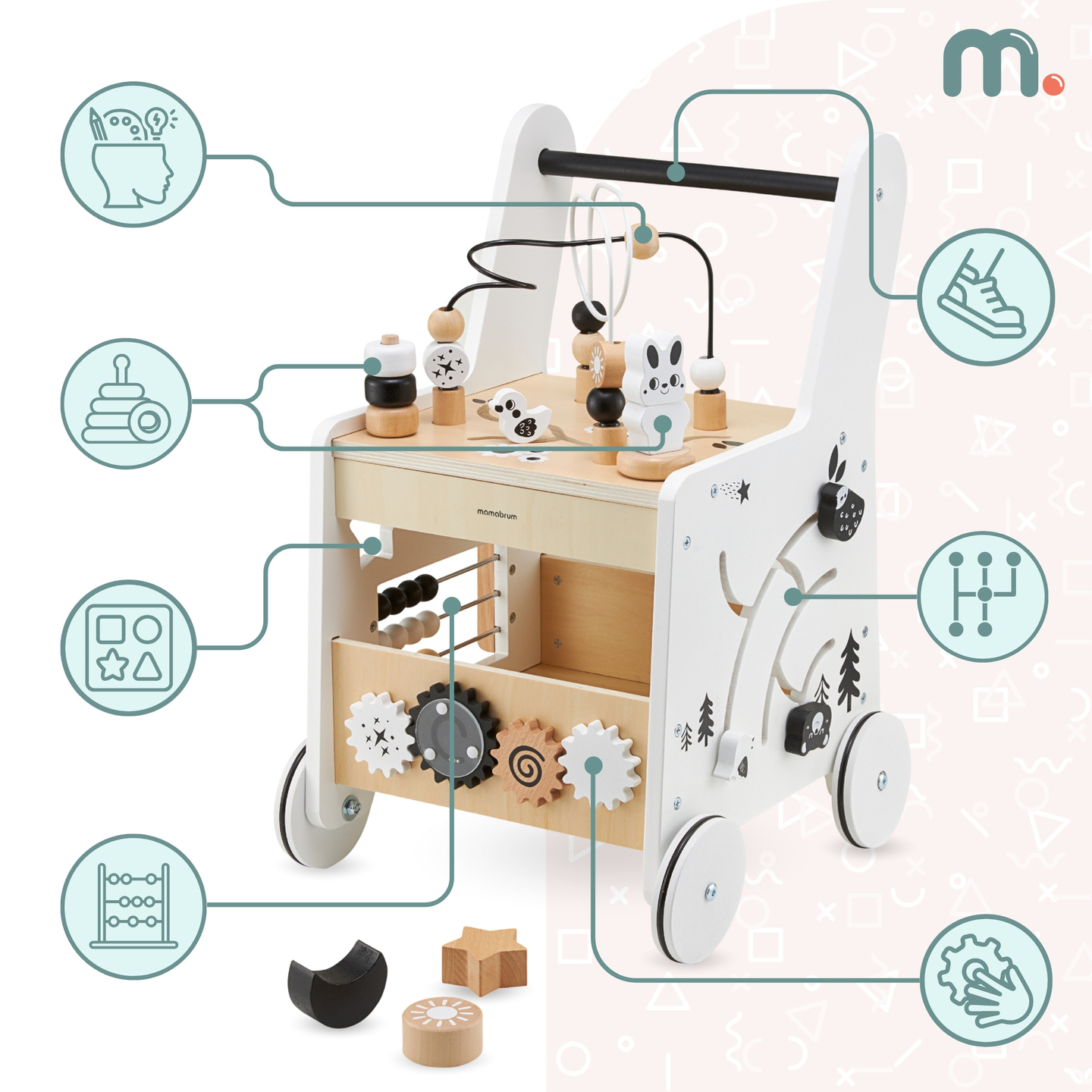 Drevený kočík 6v1, chodítko s funkciou učebného stola