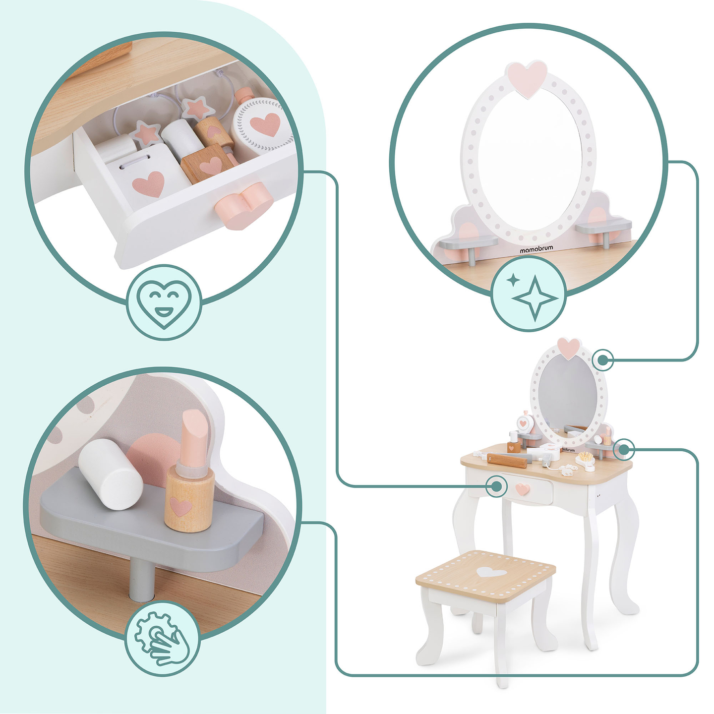 Drevený toaletný stolík so stoličkou a príslušenstvom