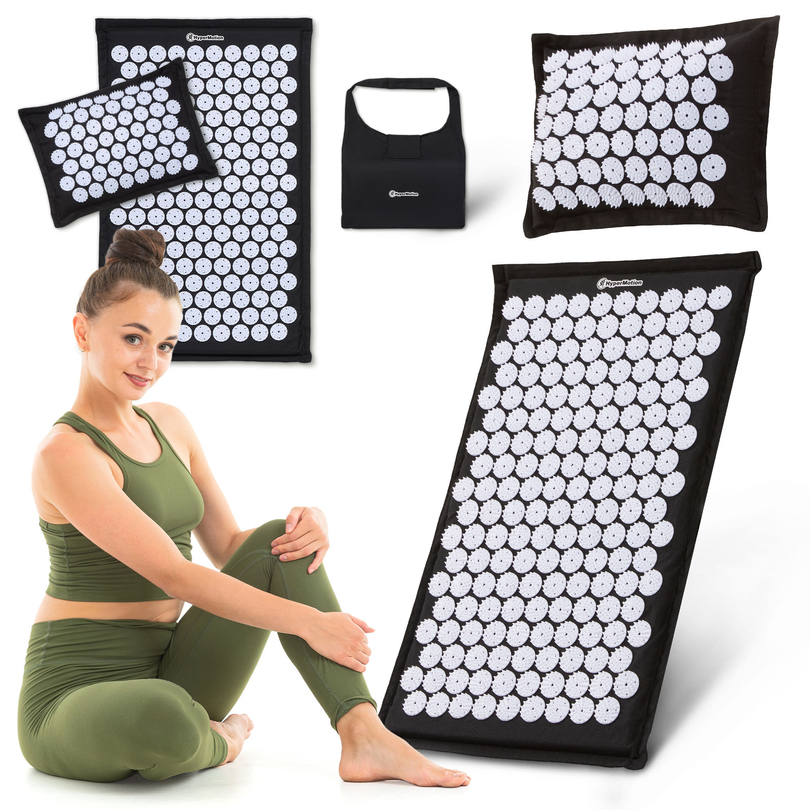 EKO ľanová akupresúrna podložka s kokosovým vláknom a pohánkovým vankúšom – 68 cm HyperMotion čiernobiela