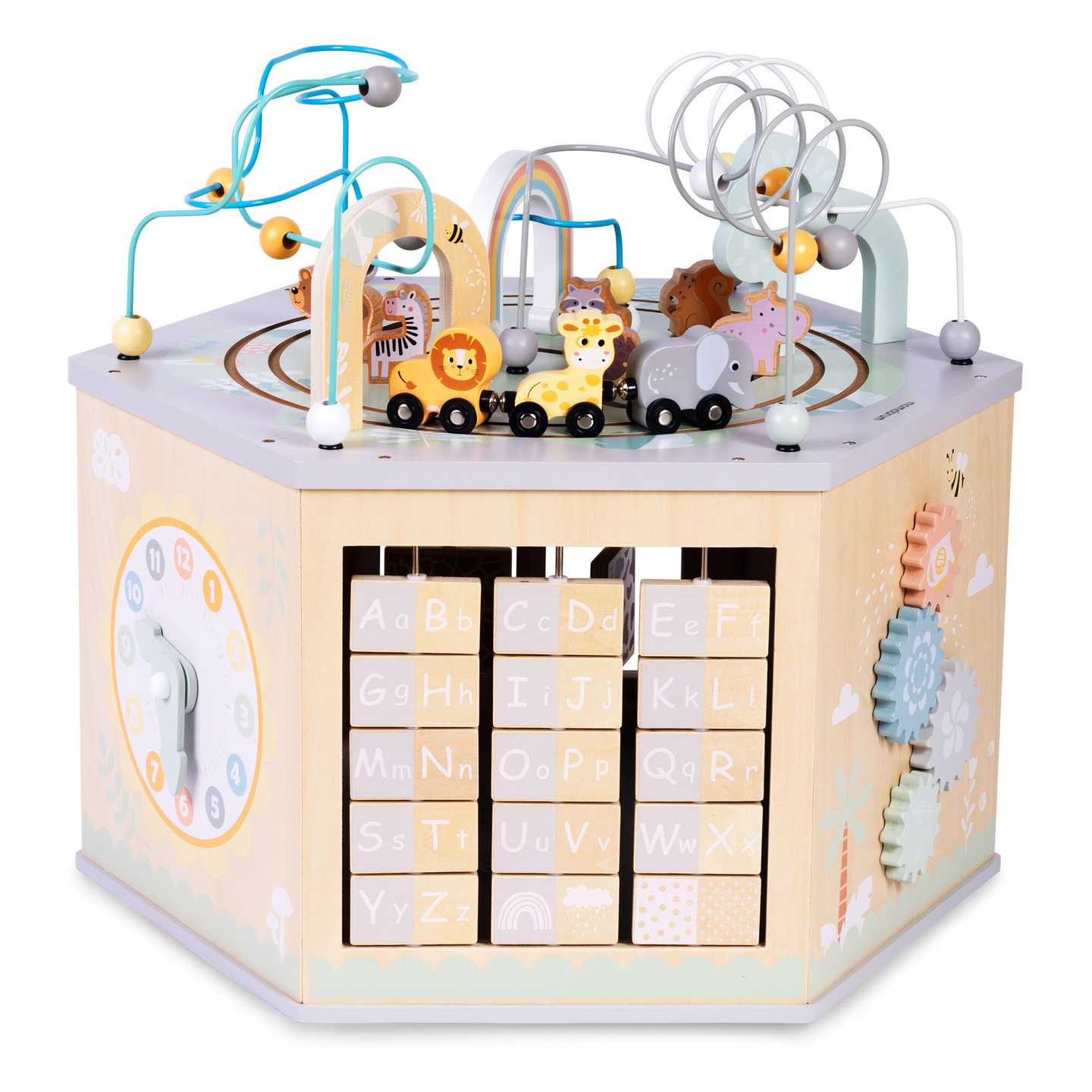 Veľká drevená vzdelávacia kocka - Montessori hračka s magnetickým vláčikom a motorovými slučkami