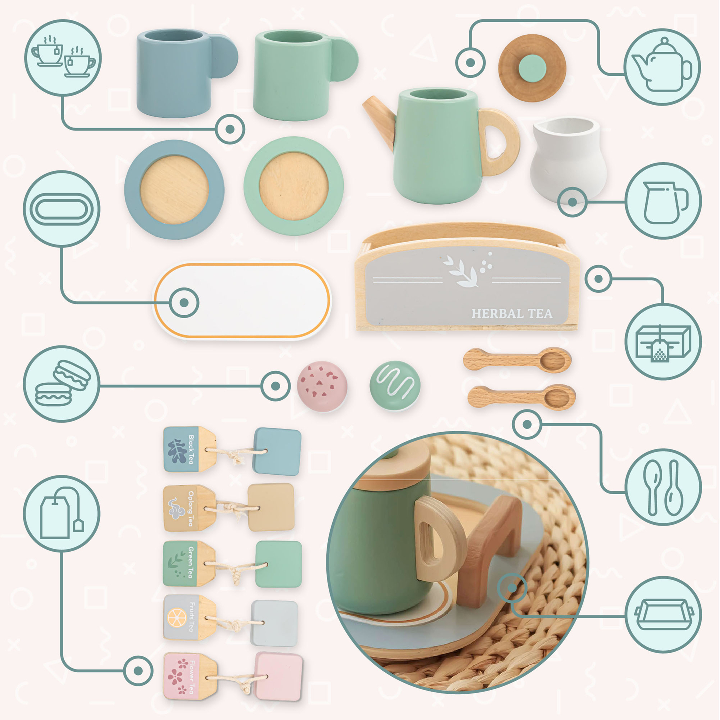 Veľká drevená čajová súprava s podnosom - 18 kusov