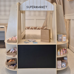 Veľký drevený detský obchod s tabuľou - 91 dielikov pre zábavu pri nakupovaní!