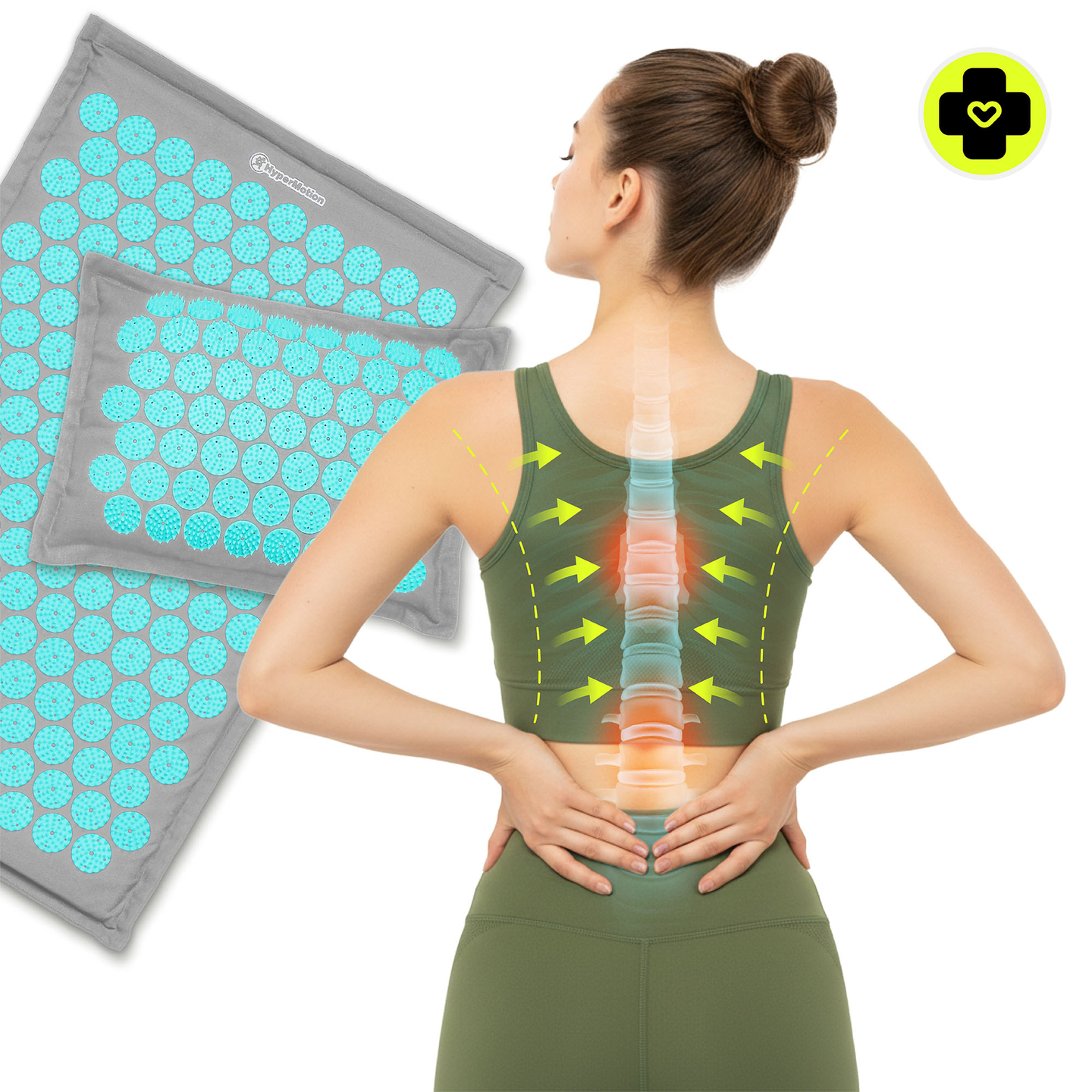 EKO ľanová akupresúrna podložka s kokosovým vláknom a pohánkovým vankúšom – 68 cm HyperMotion sivo-mätová