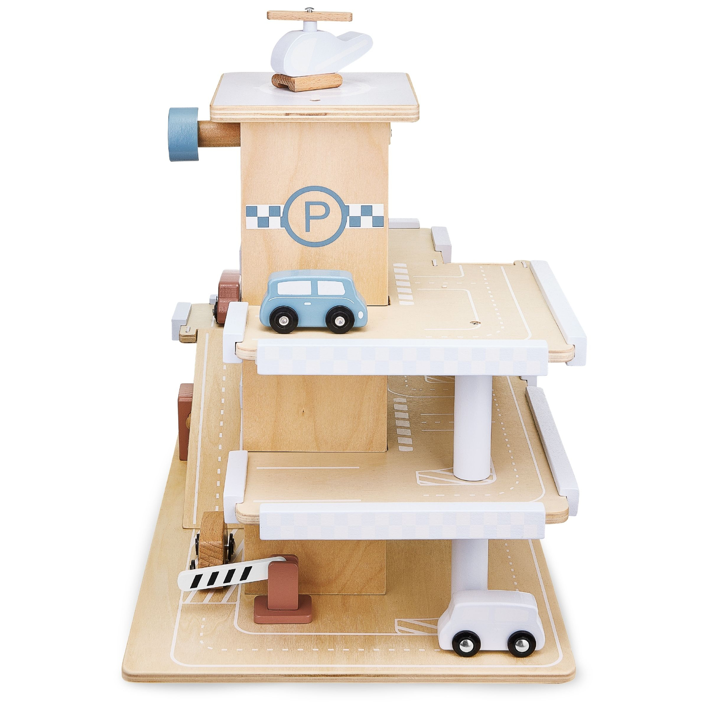 Drevené trojpodlažné parkovisko s výťahom - garáž s autami a vrtuľníkom