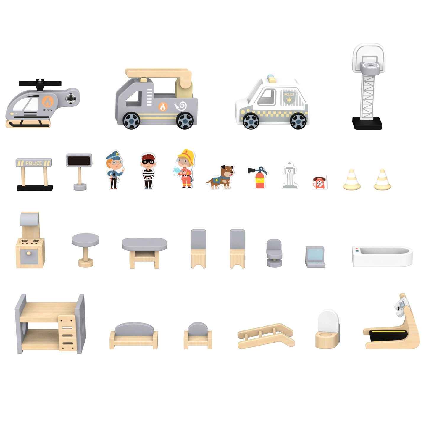 Veľká skladacia hasičská stanica s policajnou stanicou - drevená súprava. Hasičská stanica a policajná stanica s príslušenstvom.