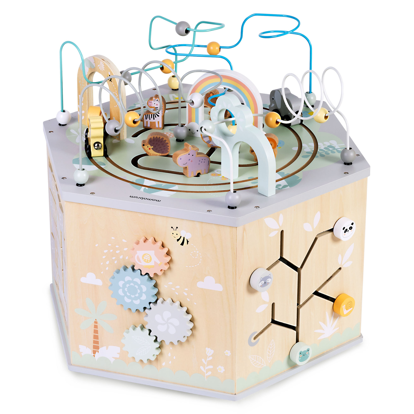 Veľká drevená vzdelávacia kocka - Montessori hračka s magnetickým vláčikom a motorovými slučkami
