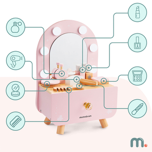 Drevený mini toaletný stolík pre deti s príslušenstvom a LED osvetlením s plynulým nastavením jasu