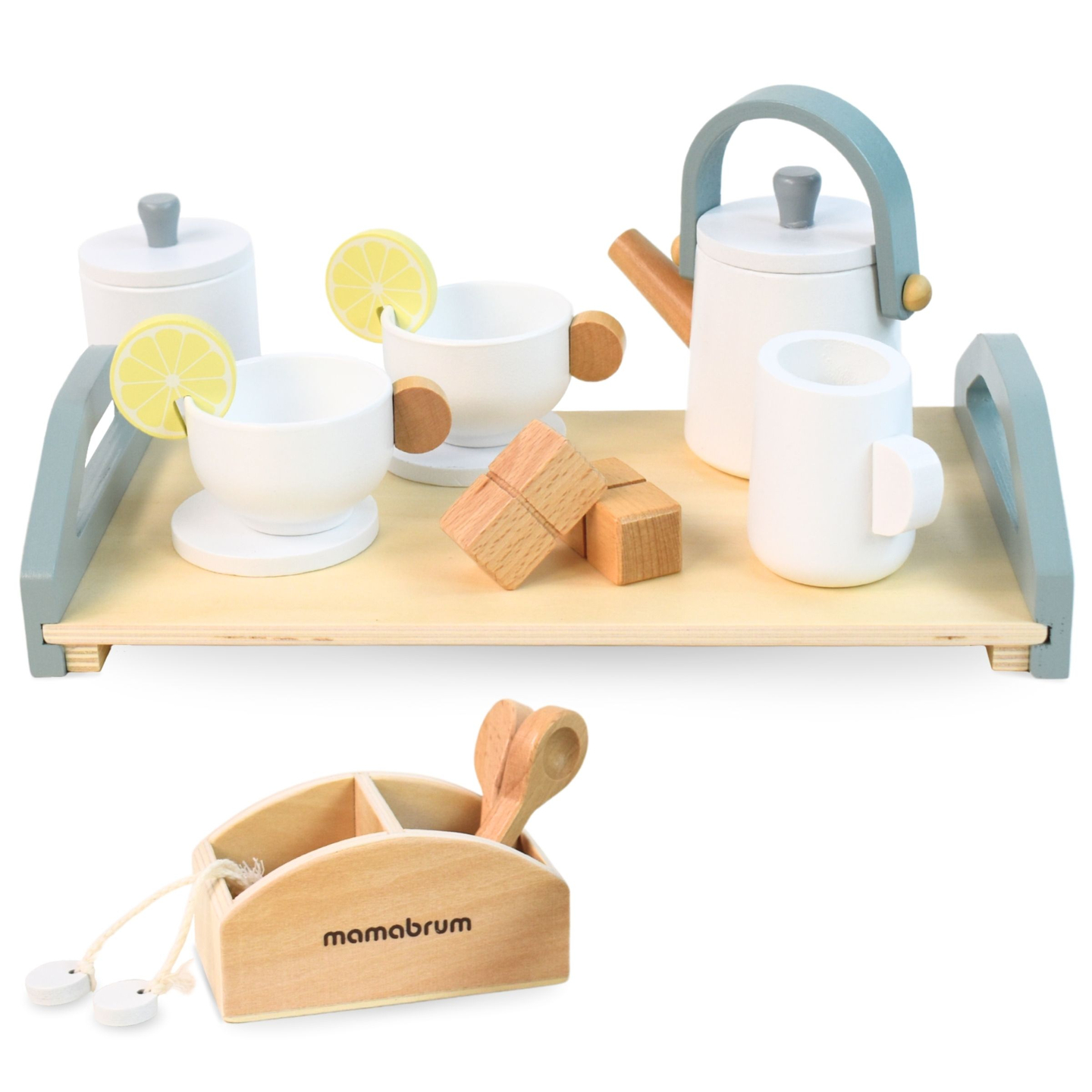 Veľká drevená čajová súprava s podnosom - 17 položiek