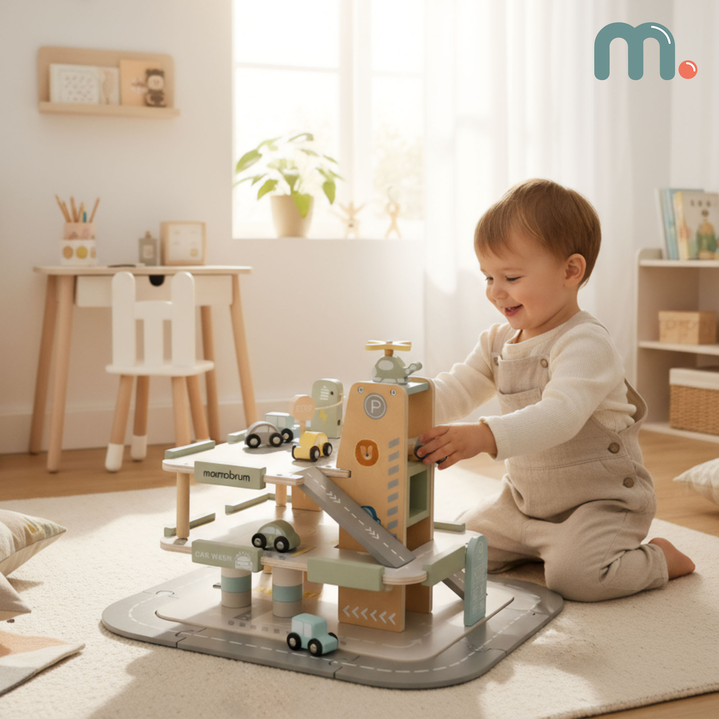 Drevená trojposchodová garáž pre deti s príslušenstvom – parkovisko, čerpacia stanica, umývačka áut, vrtuľník