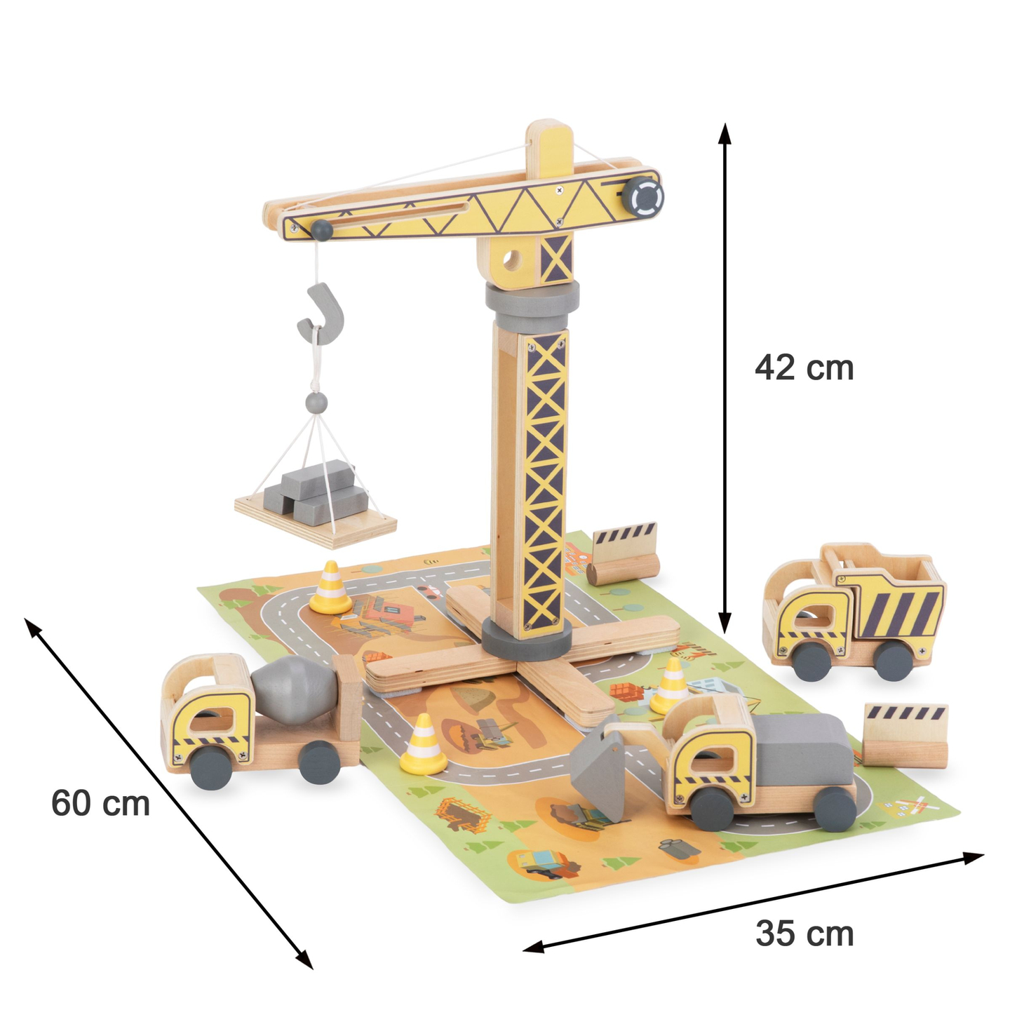 Drevené stavenisko s veľkým mobilným žeriavom a vozidlami, vežový žeriav