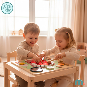 Drevená Montessori vzdelávacia tabuľa Malý zubár - zubná kefka, pasta, vyberateľné zuby, zrkadlo, jedlo, učebné príchute
