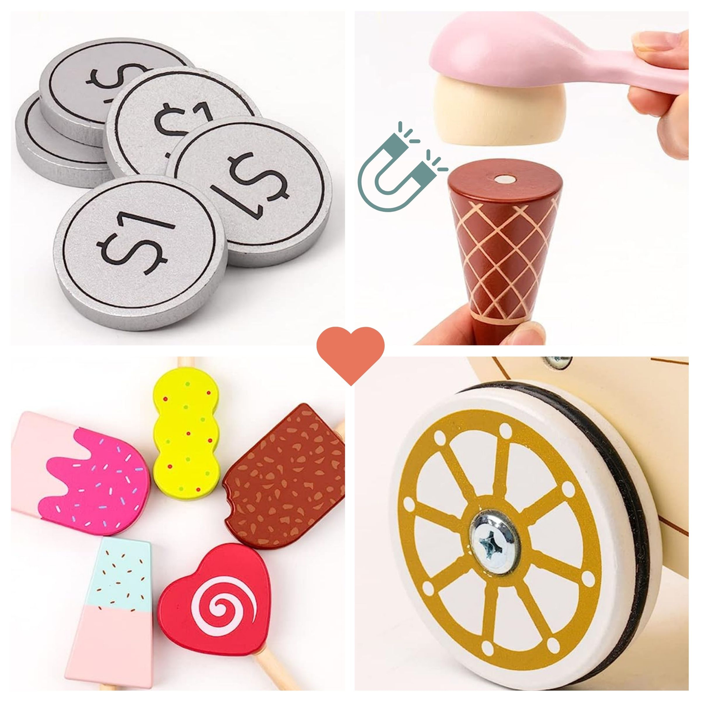 Drevená zmrzlináreň pre deti - vozík na kolieskach s príslušenstvom