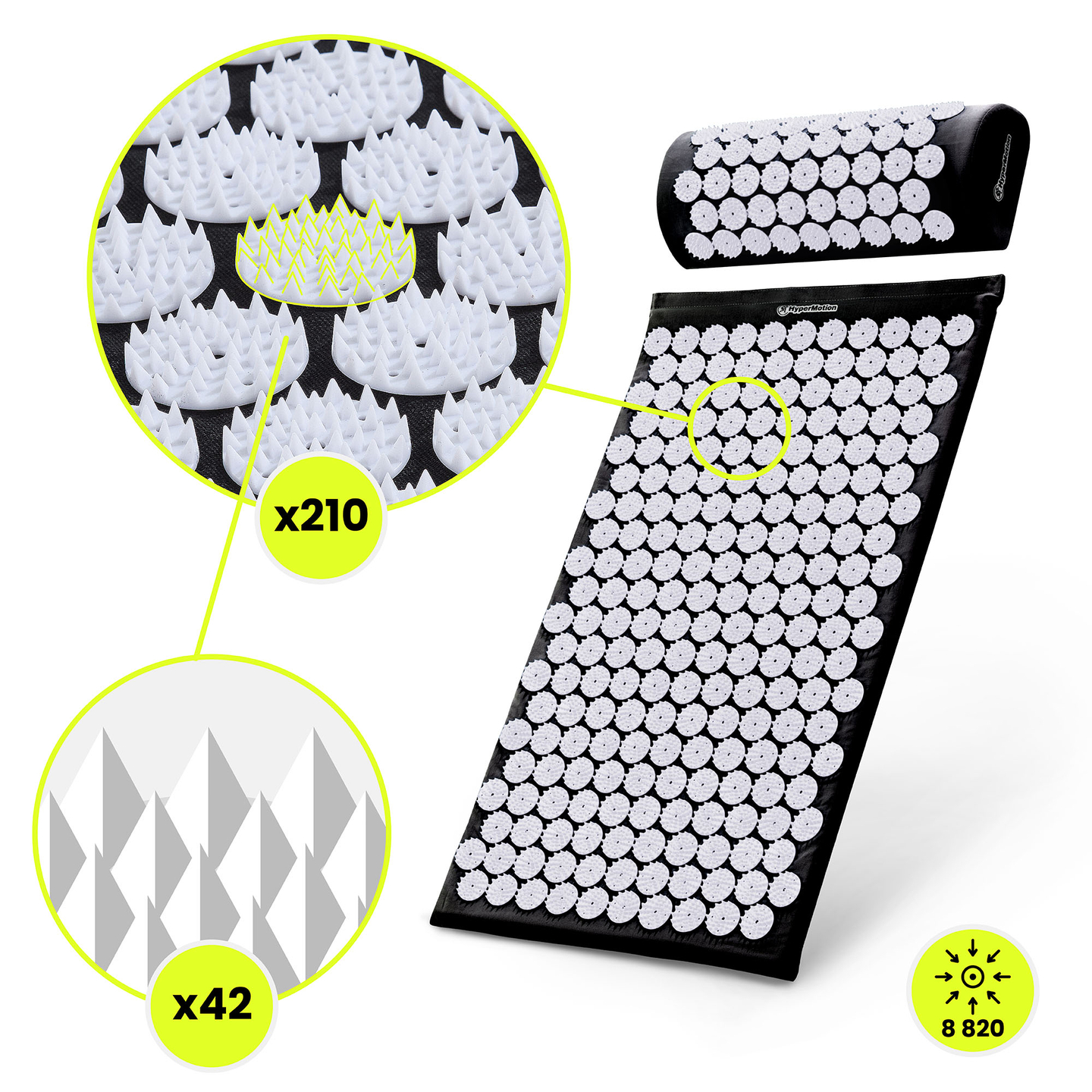 Akupresúrna podložka s vankúšom a poťahom - 72 cm HyperMotion čiernobiela