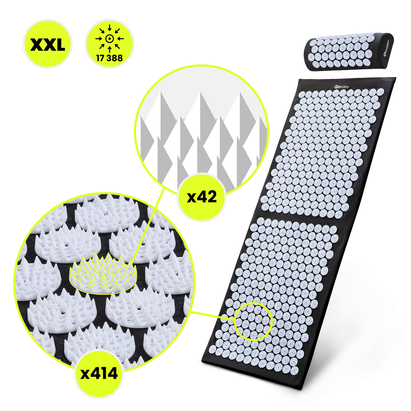 Veľká akupresúrna podložka s vankúšom a poťahom - 130 cm HyperMotion čiernobiela