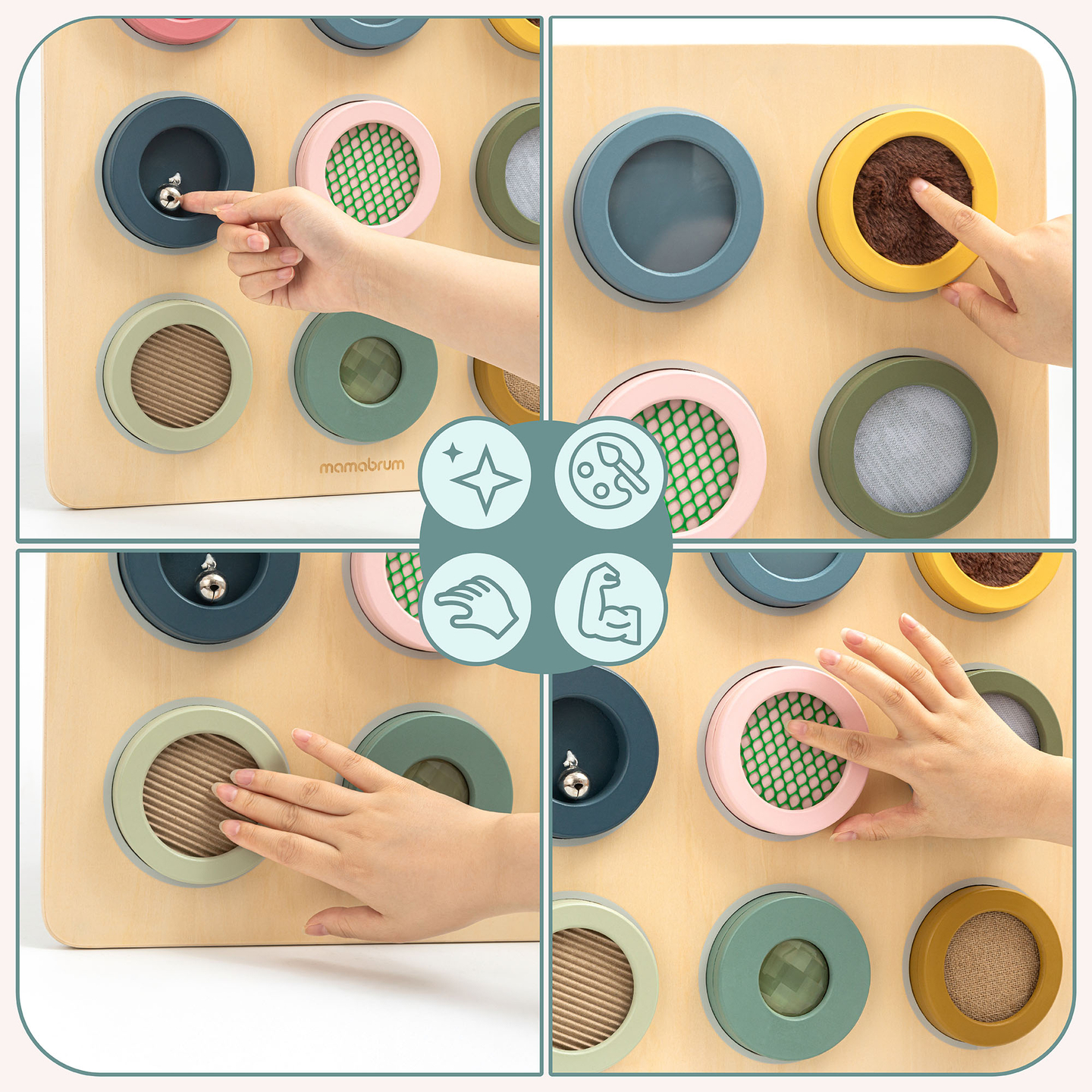 Drevená senzorická tabuľa Montessori – 9 textúr na objavenie a rozvoj hmatu