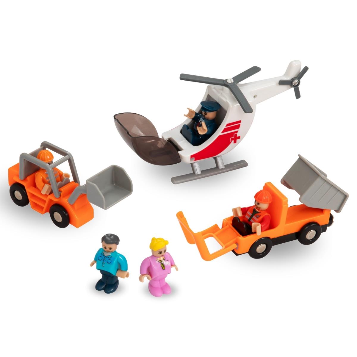 Drevená železnica, vláčik na batérie - Mesto: koľaje, autá, most, letisko