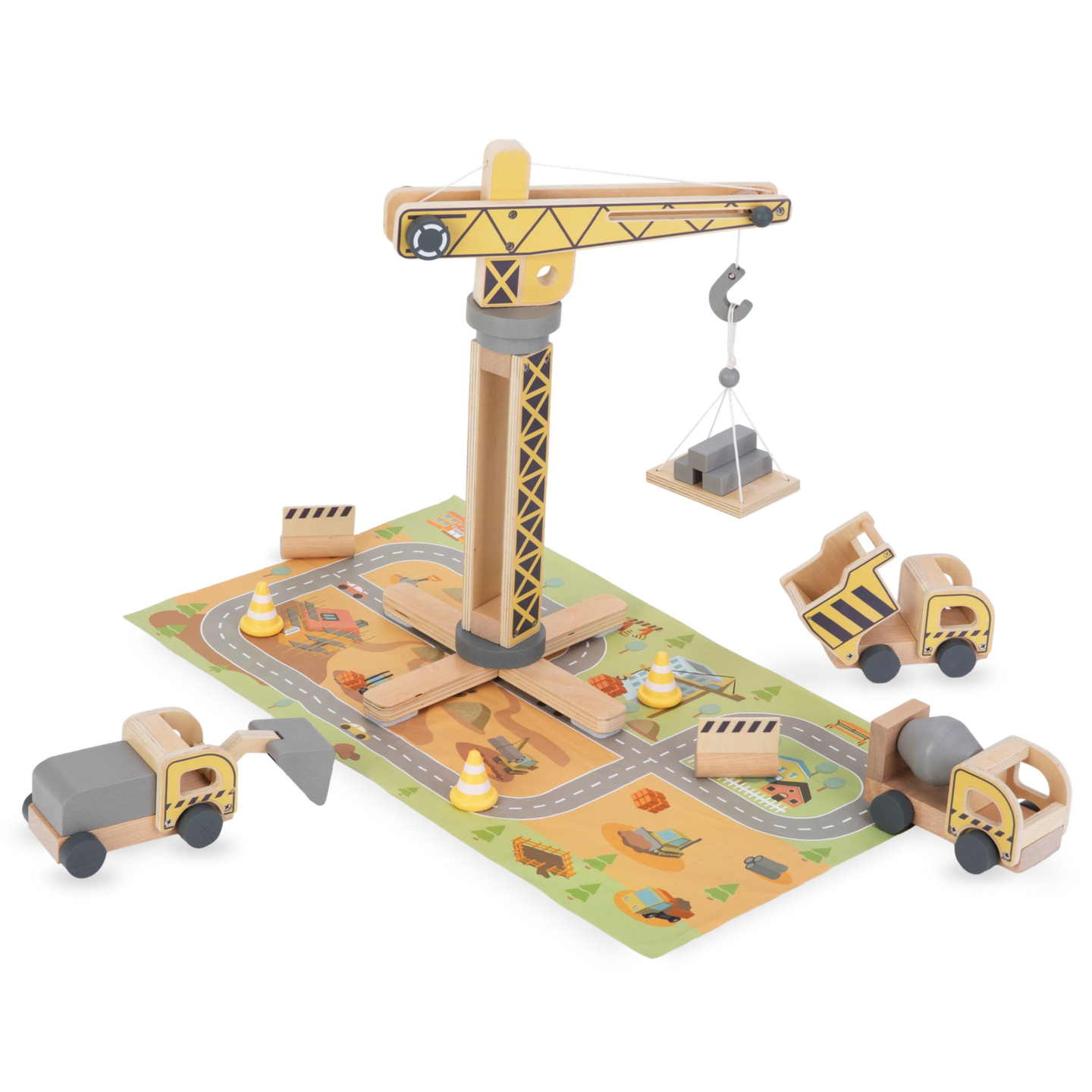 Drevené stavenisko s veľkým mobilným žeriavom a vozidlami, vežový žeriav
