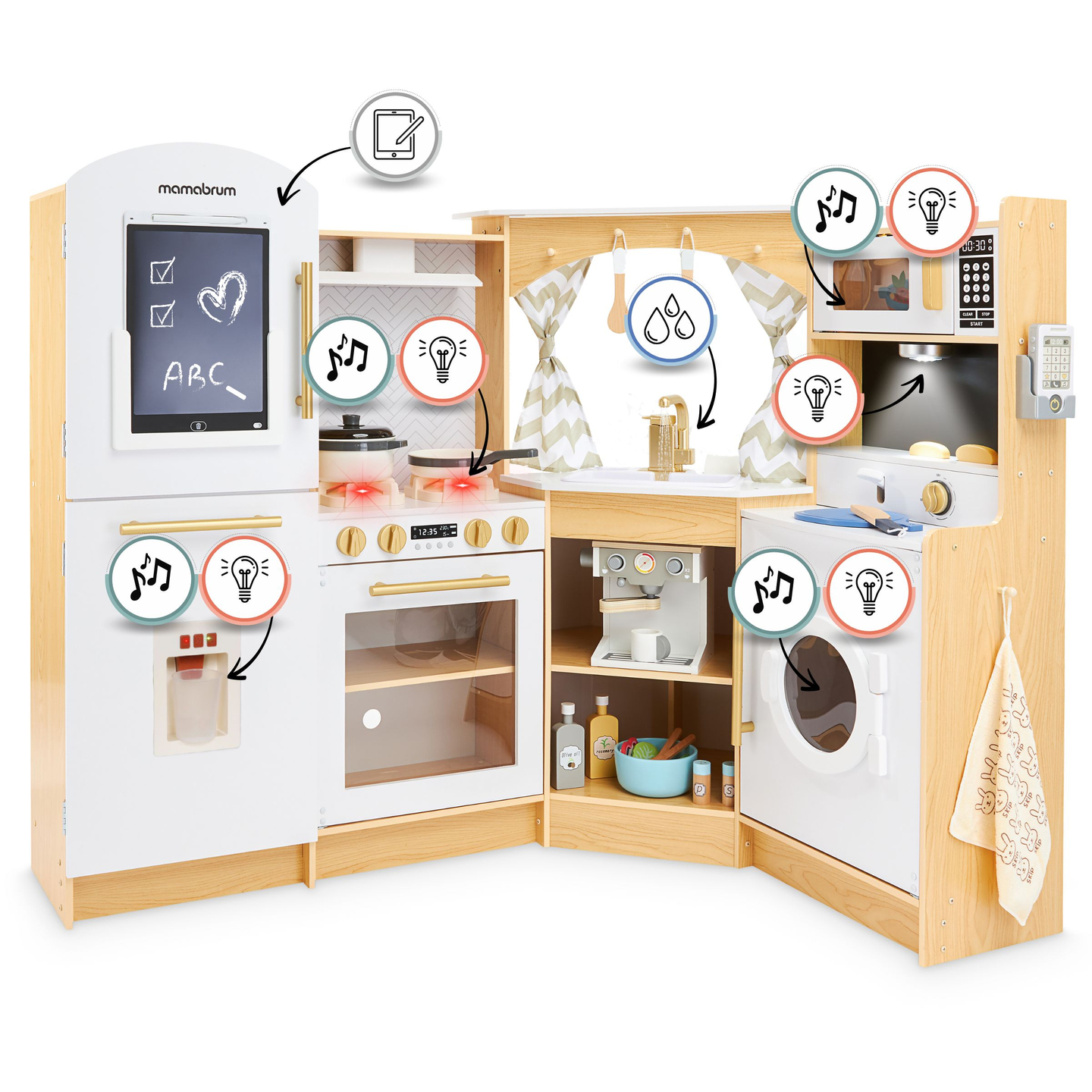 XXXXL veľká drevená interaktívna kuchyňa s LED osvetlením, práčkou, mikrovlnnou rúrou, kávovarom a sadou ovocia a zeleniny - 50 prvkov