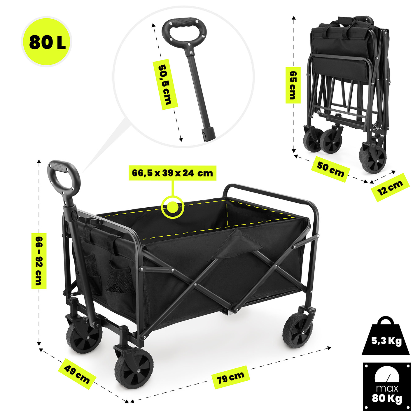 Skladací plážový vozík HyperMotion - čierny, 80 kg