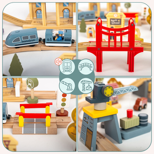 Drevená mestská železnica s elektrickým vlakom - pohybujúci sa žeriav, loď, mosty