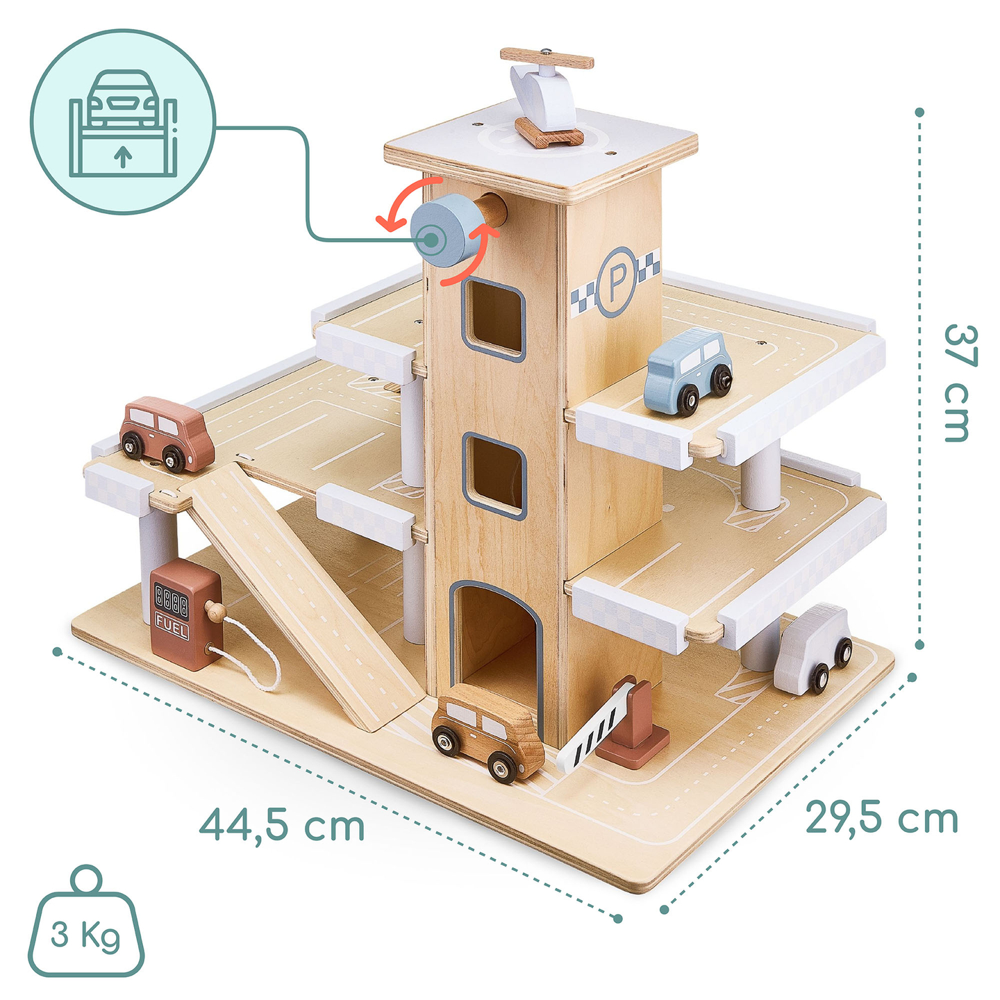 Drevené trojpodlažné parkovisko s výťahom - garáž s autami a vrtuľníkom